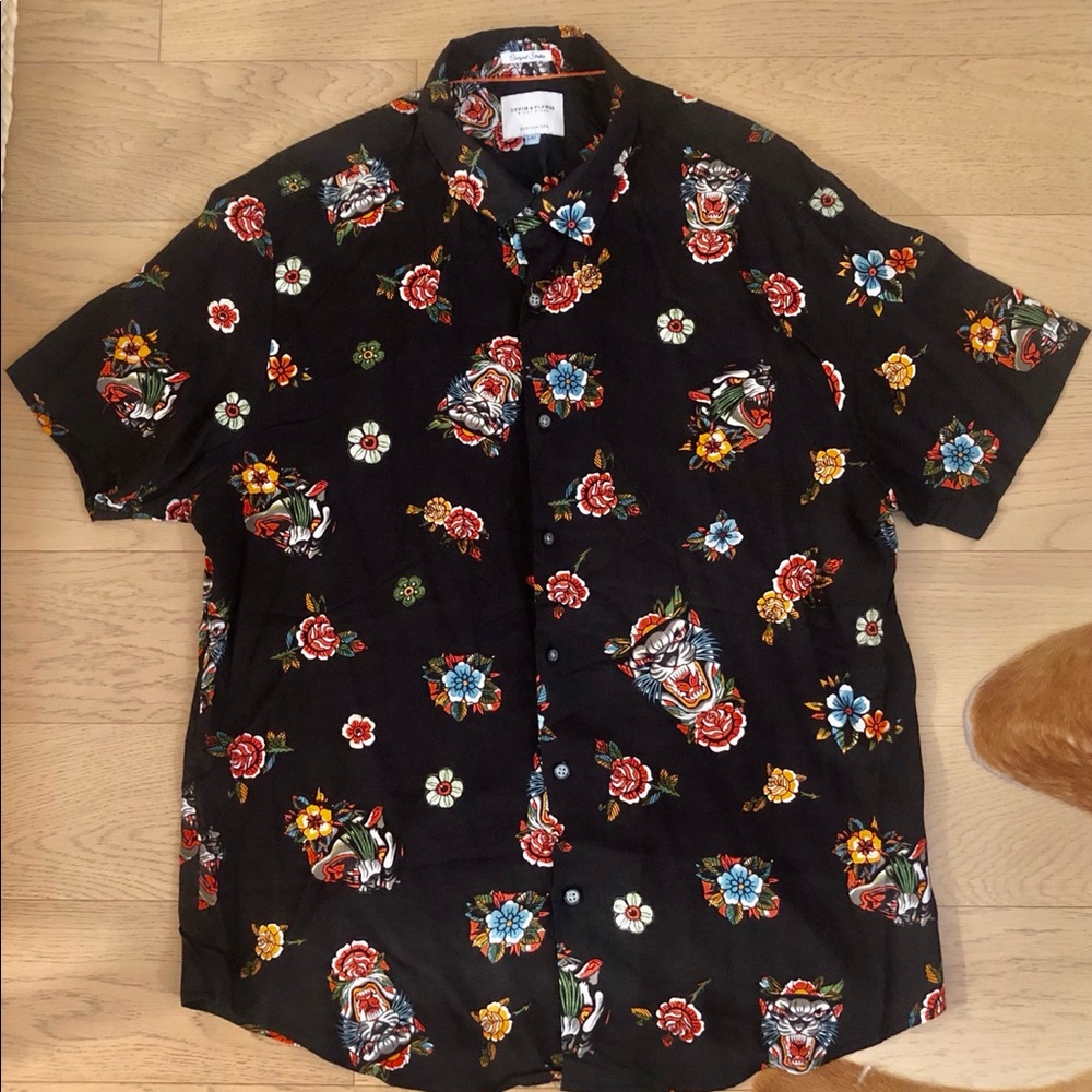 Denim and Flower Short Sleeve Button Down